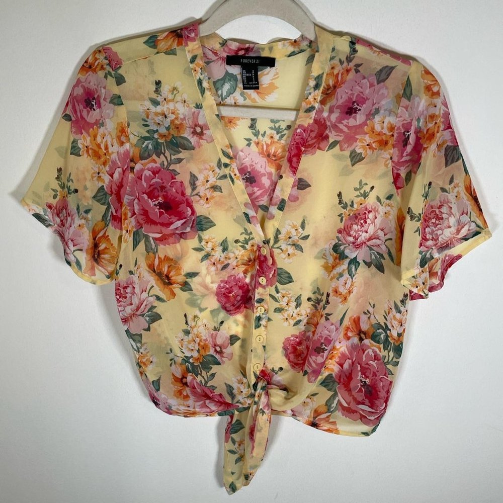 Forever 21 Yellow Vintage Floral Tie Up Sheer Blouse